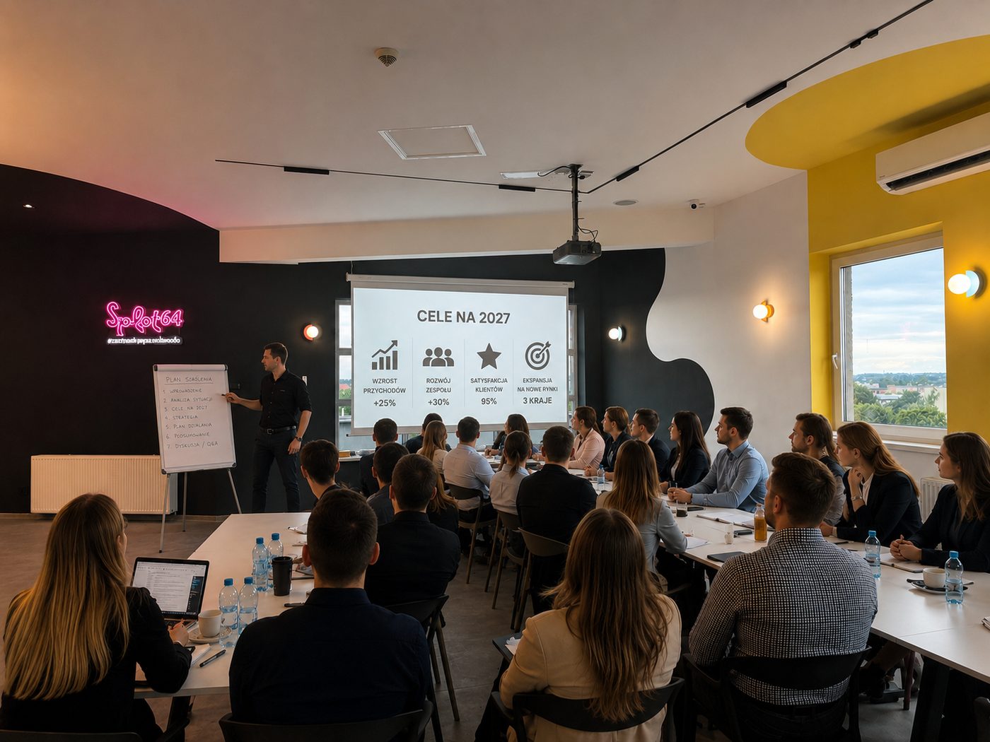 SPLOT 64 — sala szkoleniowa z rzutnikiem i widokiem na miasto